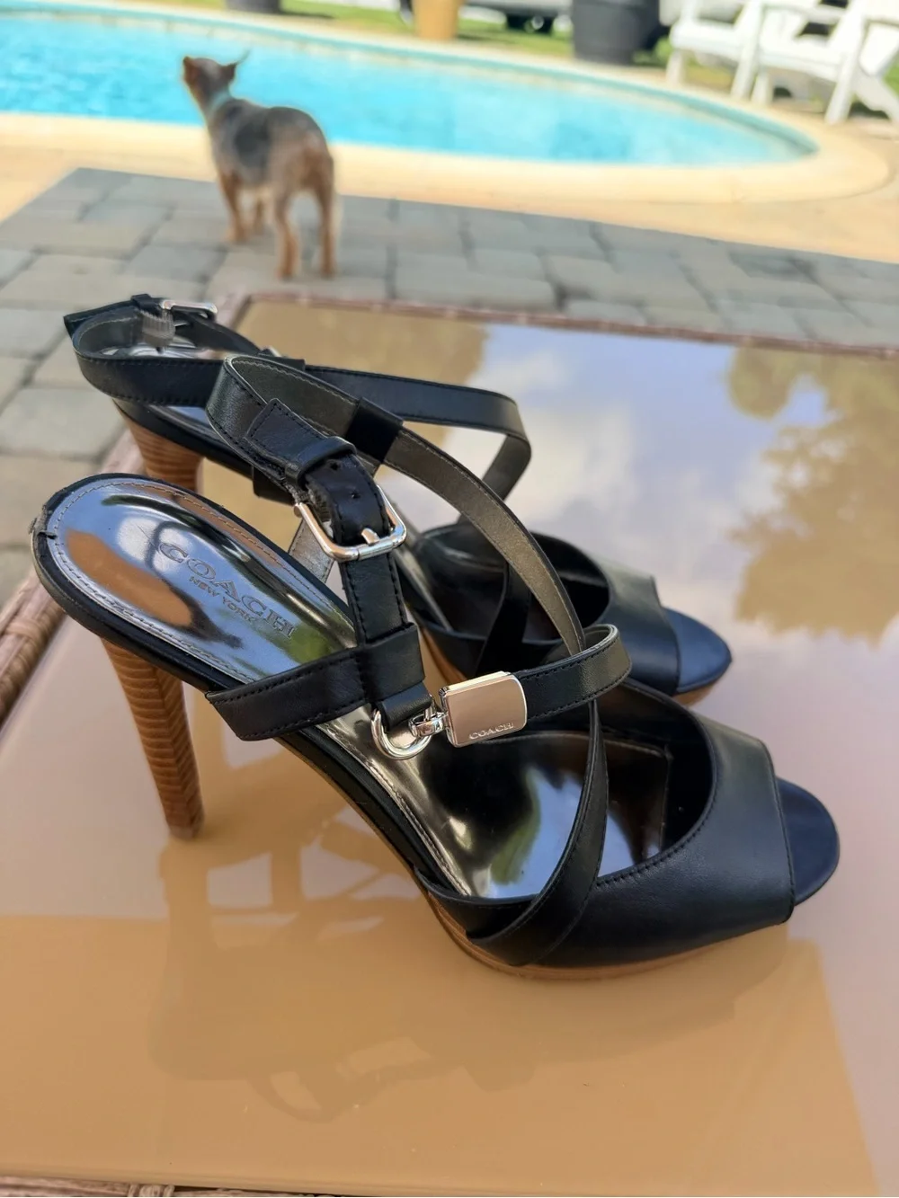 Coach Black wendelle Leather Crisscross High Heel Sandal 9B